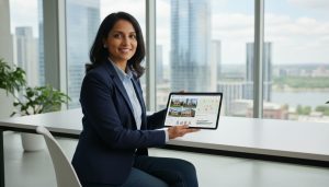Real estate agent viewing MLS dashboard on a tablet showing property photos and map