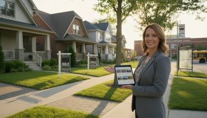 Realtor analyzing property listings on a tablet in front of attractive suburban homes with sold signs and neighborhood features.