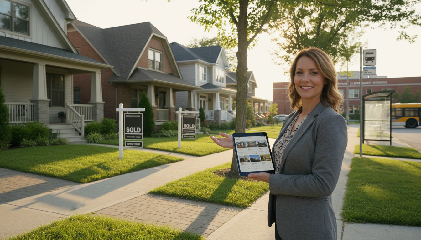Realtor analyzing property listings on a tablet in front of attractive suburban homes with sold signs and neighborhood features.