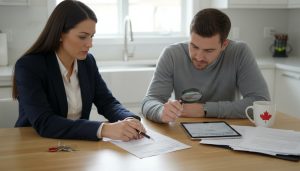 Real estate agent and buyer reviewing property disclosure statement and inspection report at a kitchen table