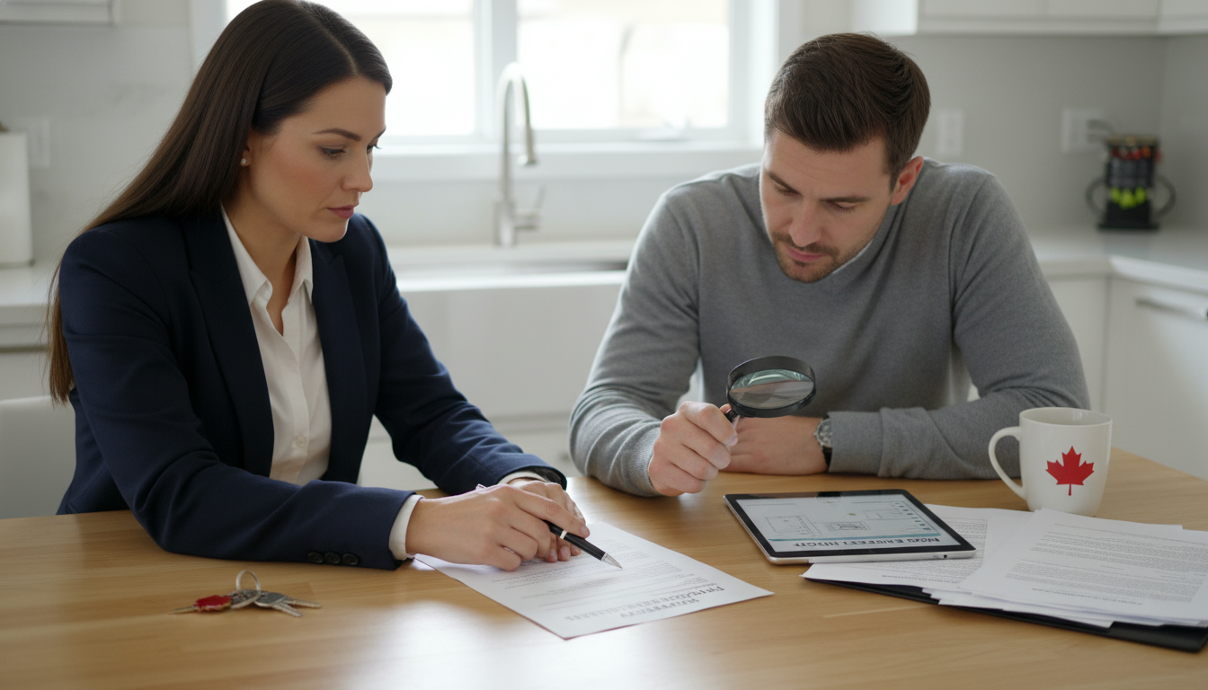 Real estate agent and buyer reviewing property disclosure statement and inspection report at a kitchen table