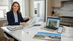 Real estate agent reviewing zoning map and noise data for neighbourhood location assessment