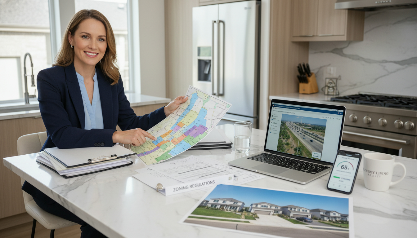 Real estate agent reviewing zoning map and noise data for neighbourhood location assessment