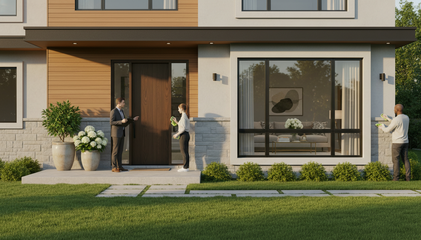 Realtor overseeing final touch-ups on a home's curb appeal before listing