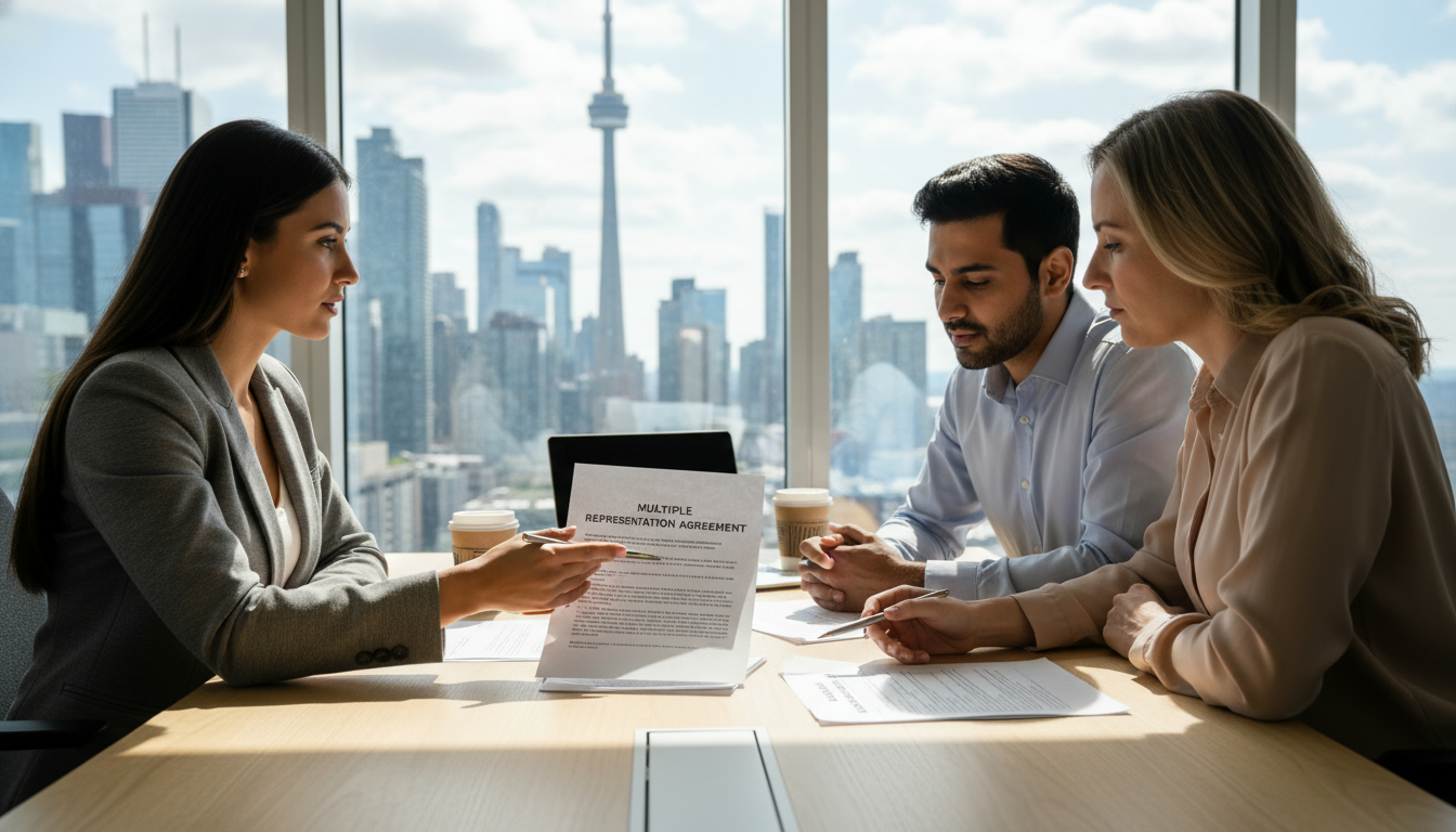 Realtor explaining multiple representation agreement to buyer and seller in a modern office with Toronto skyline.