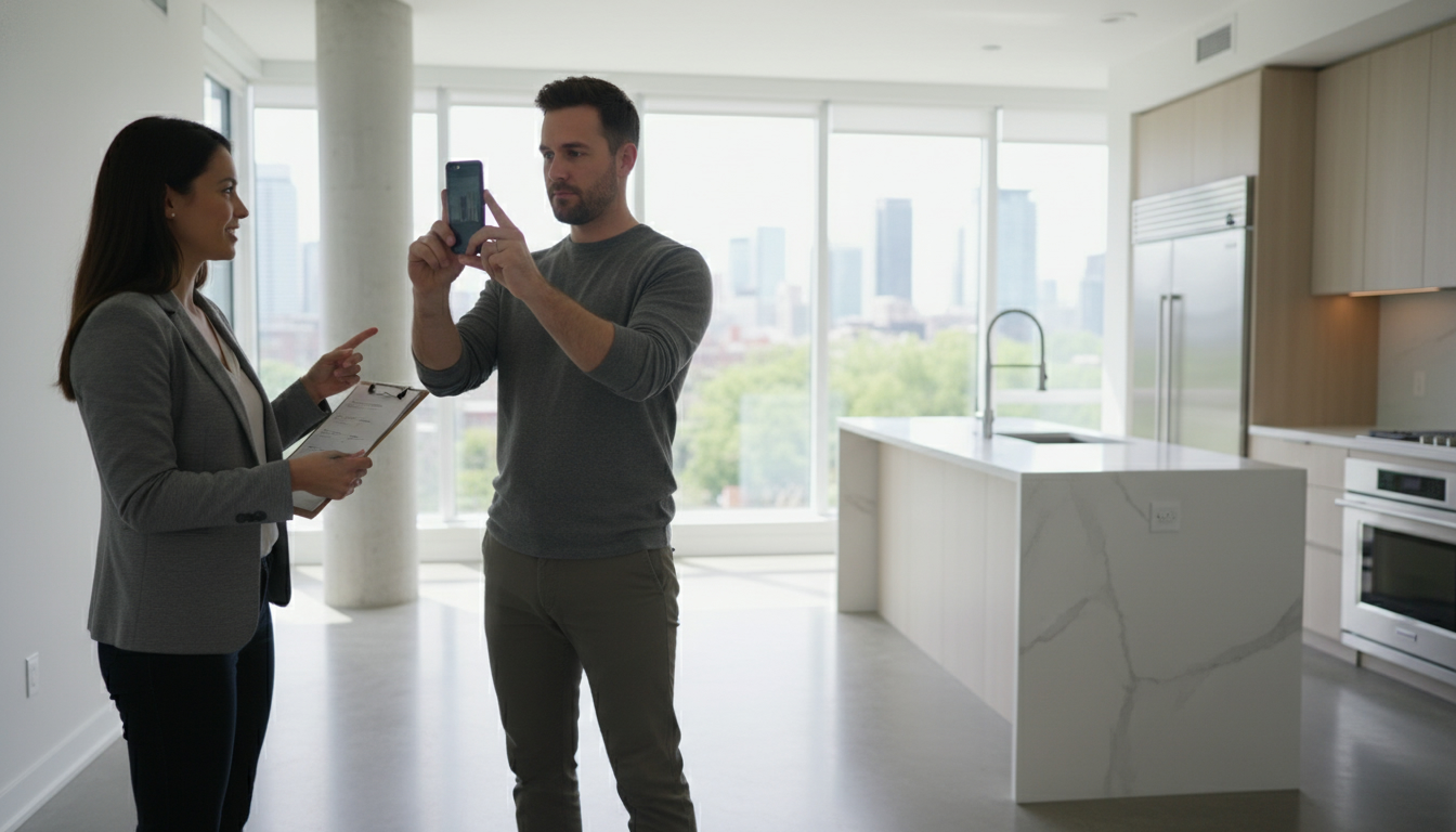 Homebuyer and real estate agent conducting a final walkthrough in a modern home, taking photos and using a checklist.