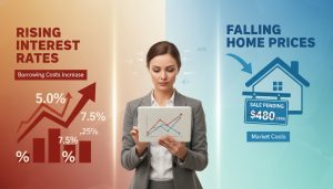 Infographic showing rising interest rates and falling house prices with a realtor analyzing market charts