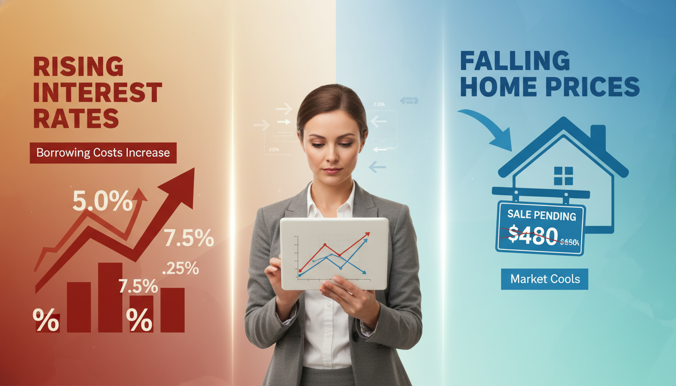 Infographic showing rising interest rates and falling house prices with a realtor analyzing market charts