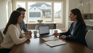 Real estate agent reviewing multiple offers with buyers at kitchen table in suburban home