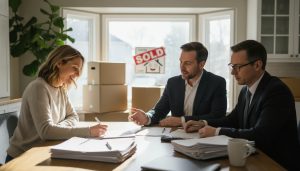 Homeowner signing closing documents at table with realtor and moving boxes in background