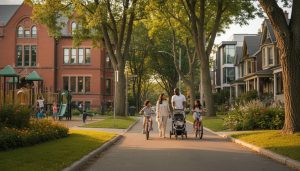 Diverse family walking on a leafy Toronto street near a playground and school, with homes and a subtle sign pointing to Milton.