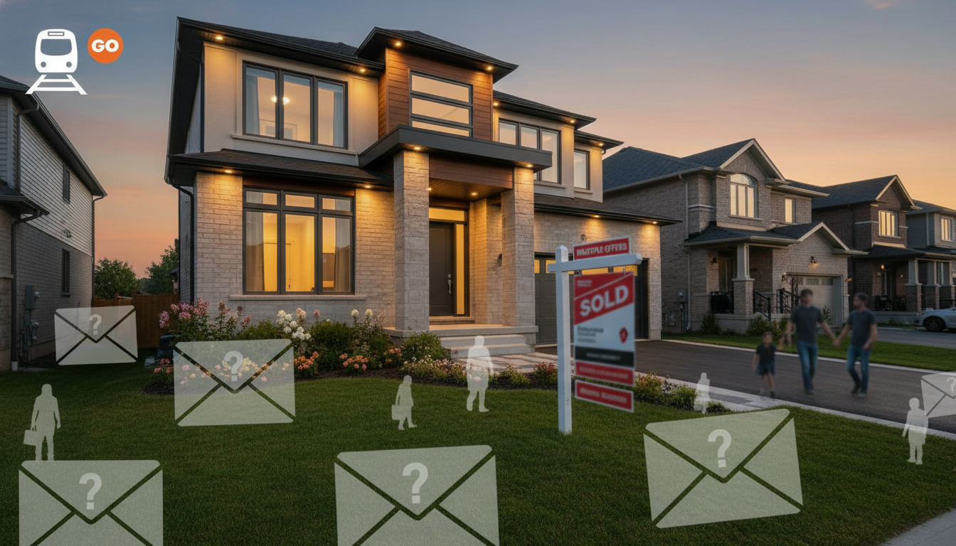 Milton Ontario suburban house with sold sign and multiple offers concept, twilight photo