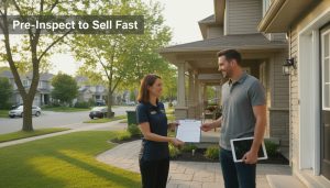 Real estate agent handing a home inspection report to homeowners outside a suburban Milton, Ontario house