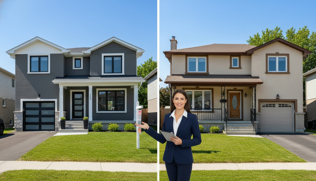 Suburban Milton Ontario home with For Sale sign showing upgraded and as-is sides, realtor with tablet