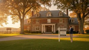 Multi-generational estate home in Milton Ontario with realtor and 'For Sale' sign at golden hour