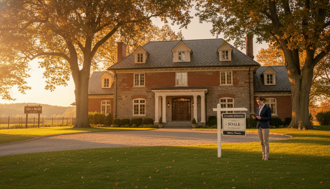 Multi-generational estate home in Milton Ontario with realtor and 'For Sale' sign at golden hour