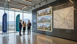 Modern pre-construction condo sales centre in Milton with realtor, renderings, and map highlighting GO Transit and Hwy 401/407.