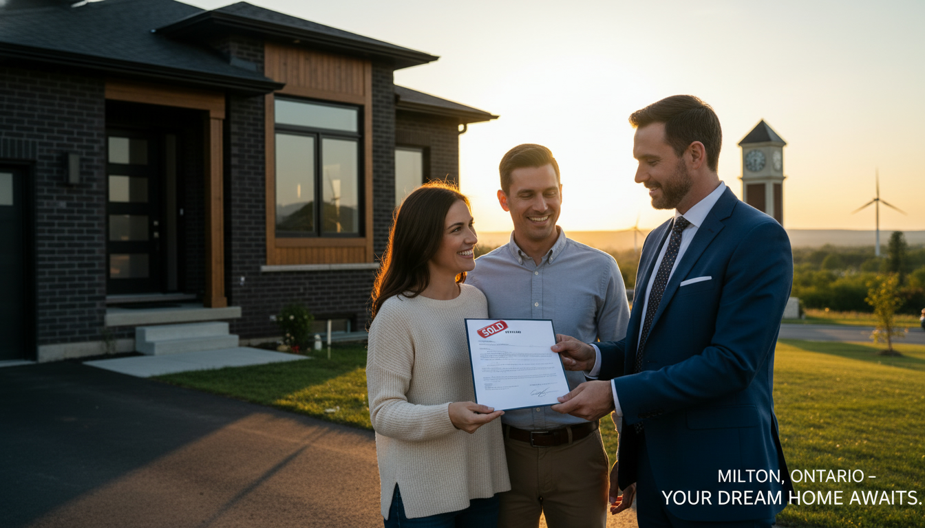 Real estate agent presenting signed offer to homeowners in front of a suburban Milton home