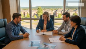 Real estate agent with multiple owners signing sale documents in a Milton office, suburban Milton visible outside.