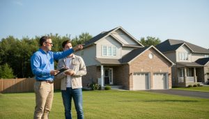 Home inspector explaining findings to a buyer in front of a suburban Milton, Ontario house