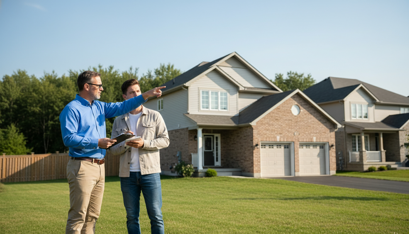 Home inspector explaining findings to a buyer in front of a suburban Milton, Ontario house