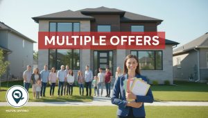 Real estate agent holding multiple written offers outside a Milton, Ontario house with a map pin showing Milton.