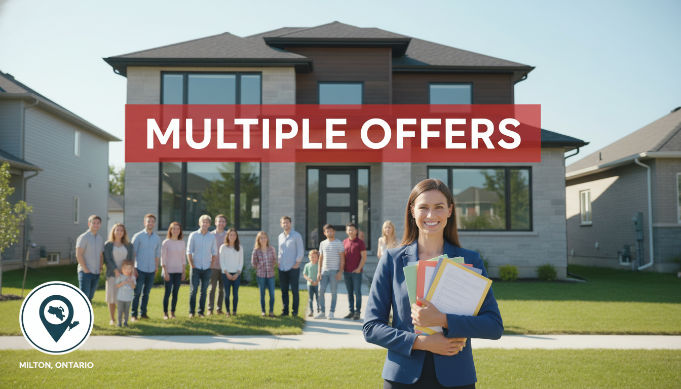 Real estate agent holding multiple written offers outside a Milton, Ontario house with a map pin showing Milton.