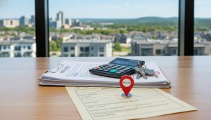 Mortgage discharge documents, calculator and keys on a lawyer's desk with a Milton, Ontario location pin in the background