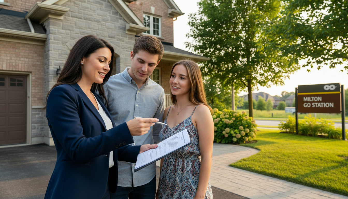 Real estate agent reviewing an offer with a couple outside a Milton, Ontario house near the GO station.