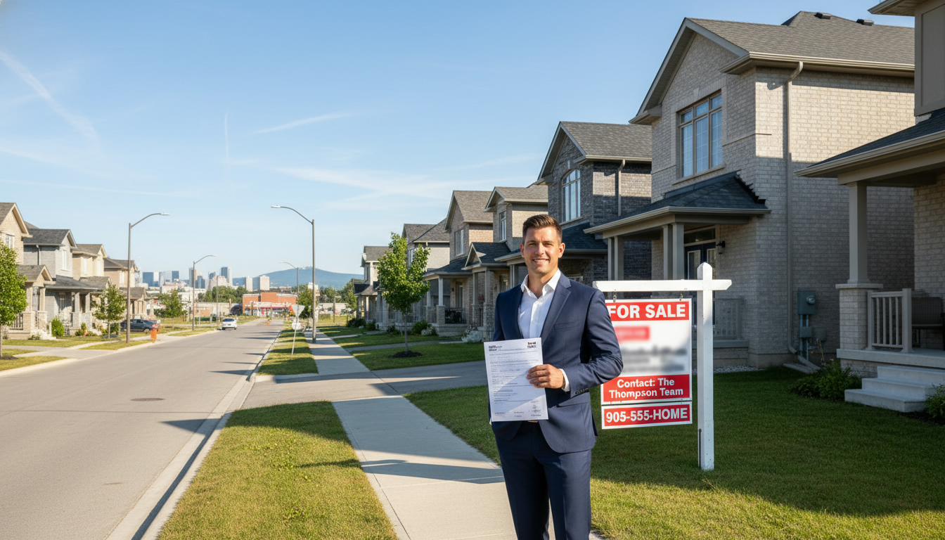 Milton Ontario neighborhood with a For Sale sign and realtor presenting an offer