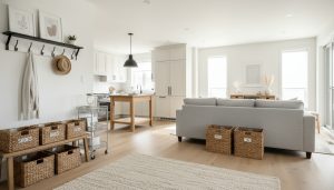 Neatly organized modern Milton home interior with labeled baskets, tidy kitchen and bright living room