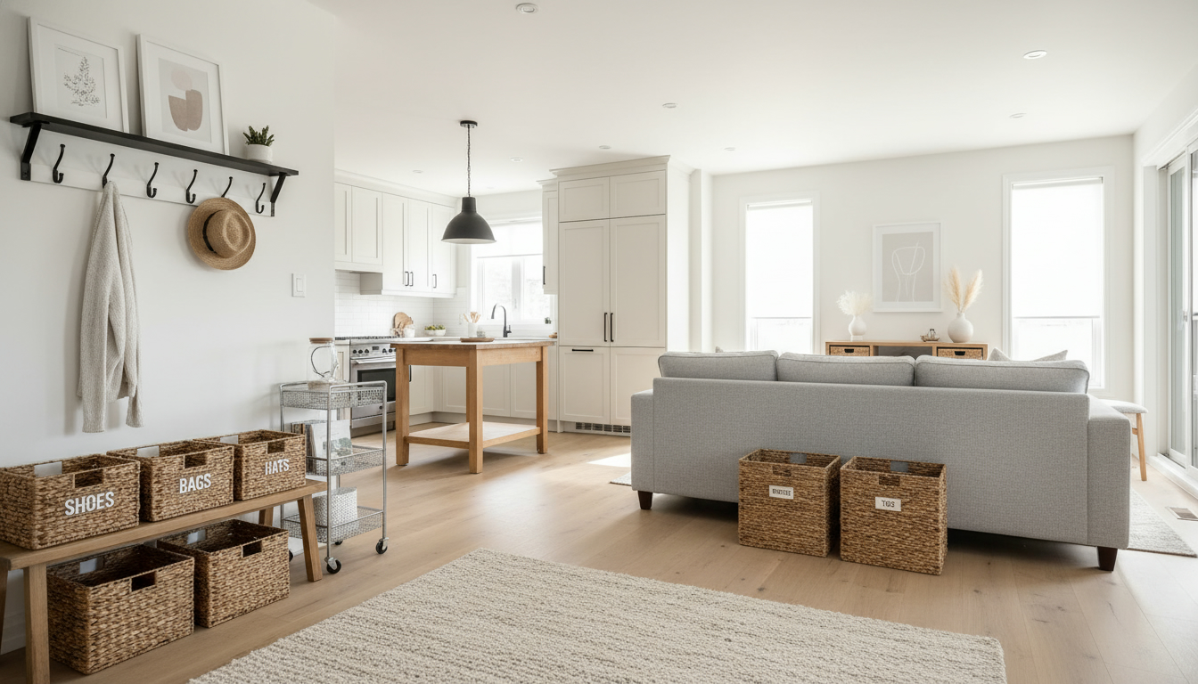 Neatly organized modern Milton home interior with labeled baskets, tidy kitchen and bright living room