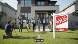 Modern Milton, Ontario house with a sold sign, buyers celebrating and real estate marketing visuals.