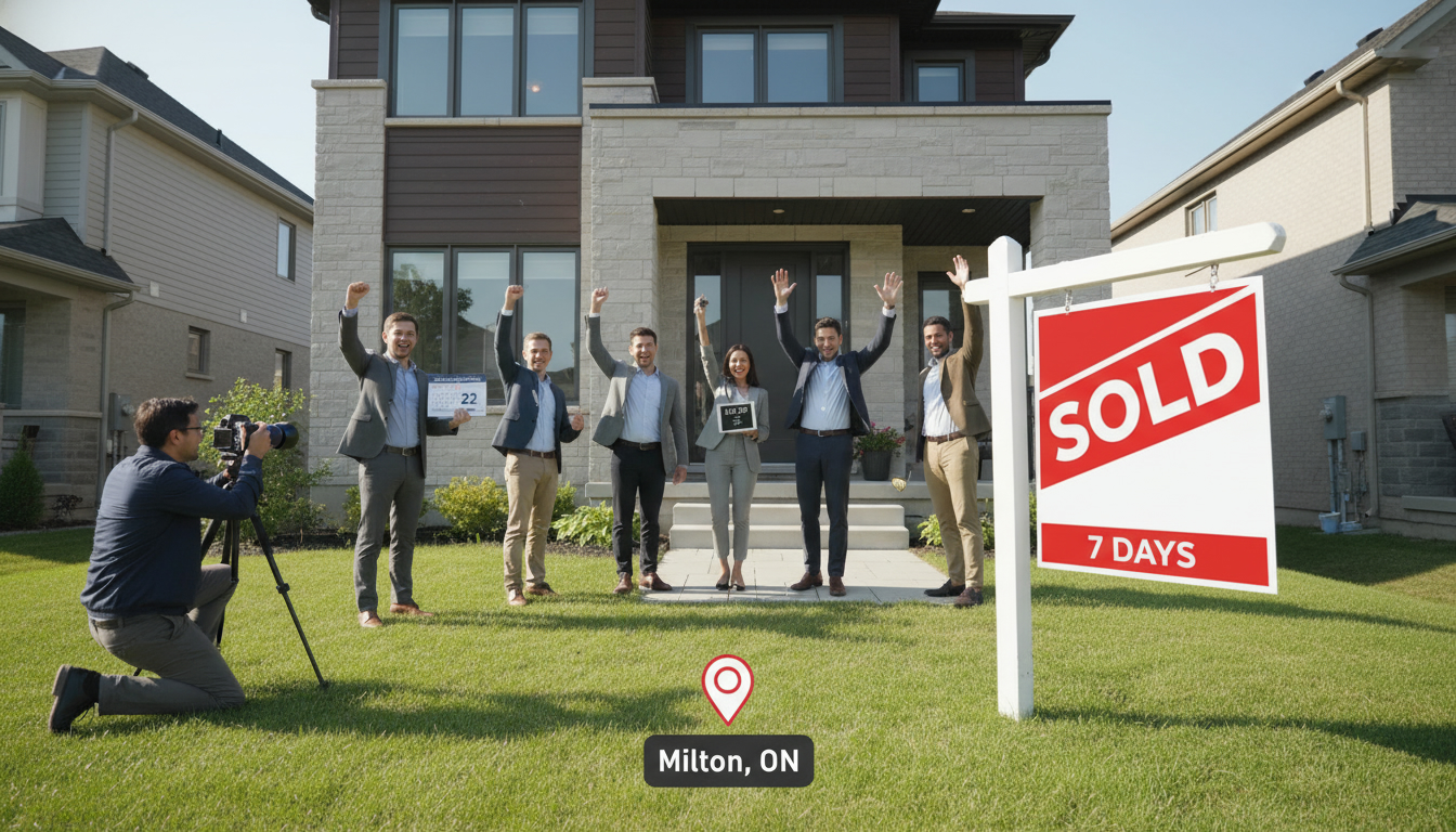 Modern Milton, Ontario house with a sold sign, buyers celebrating and real estate marketing visuals.