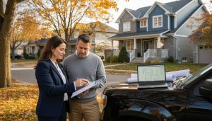 Real estate agent reviewing a home inspection report with a buyer in front of a suburban Milton house
