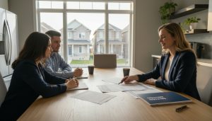 Realtor negotiating seller concessions with buyer and seller in a Milton, Ontario home, inspection report on table.