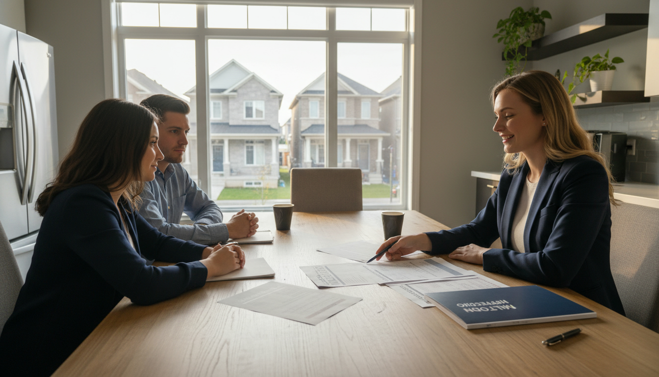 Realtor negotiating seller concessions with buyer and seller in a Milton, Ontario home, inspection report on table.