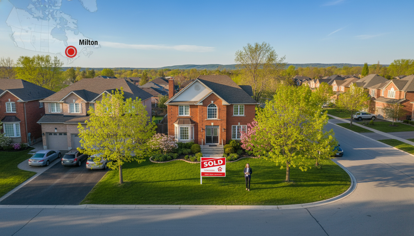 Spring suburban street in Milton, Ontario with a sold sign and GTA map overlay highlighting Milton.