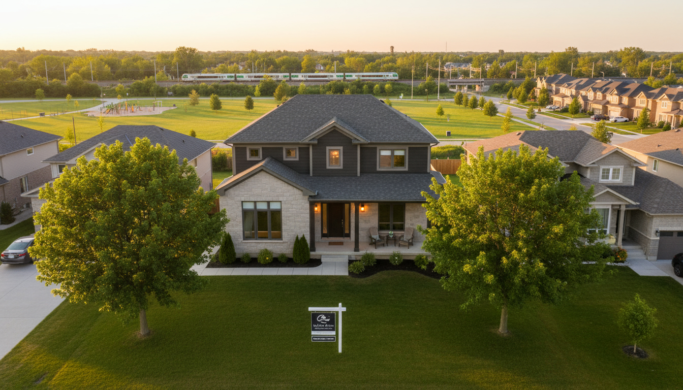Suburban Milton home with For Sale sign, drone view showing nearby park and commuter rail access at sunset.