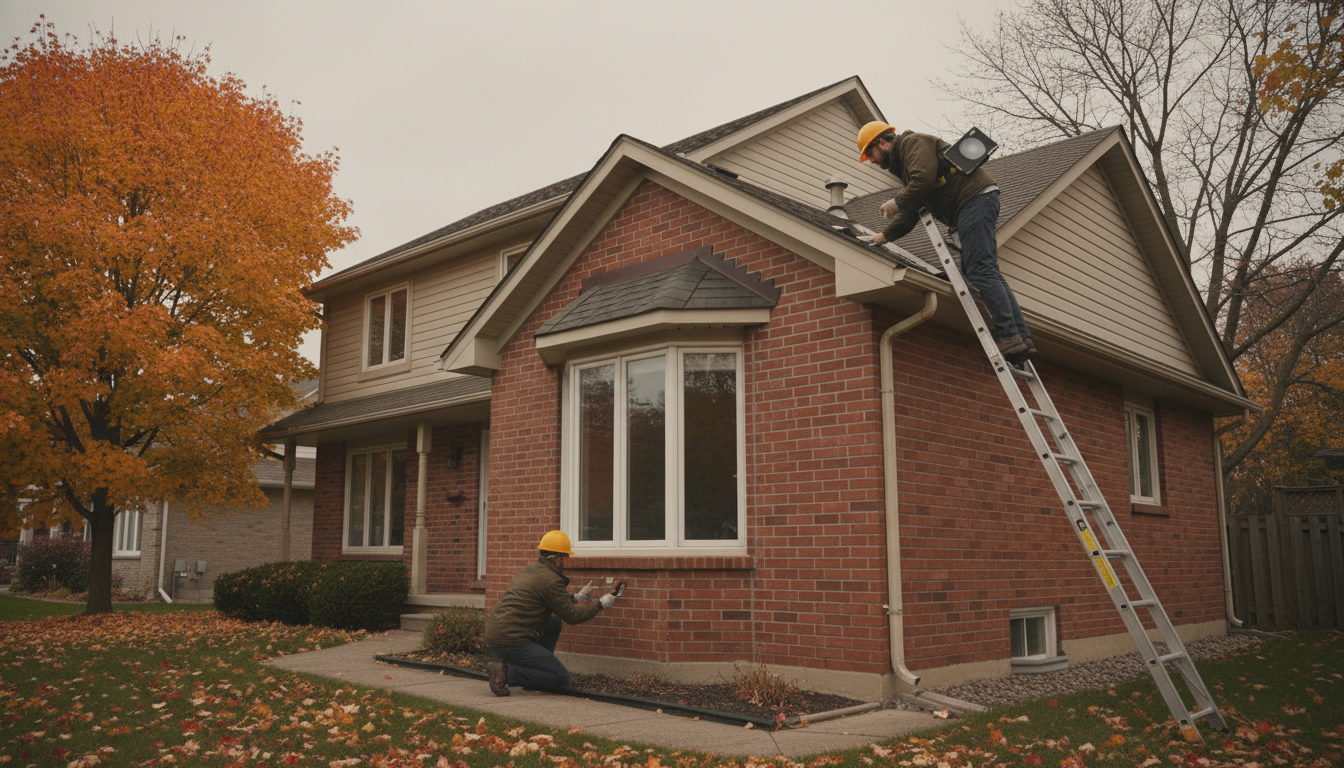 Home inspector checking roof shingles and foundation cracks on a suburban Milton, Ontario house