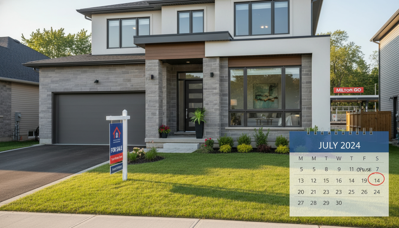 Milton Ontario house with For Sale sign and calendar overlay showing days on market, near GO train station