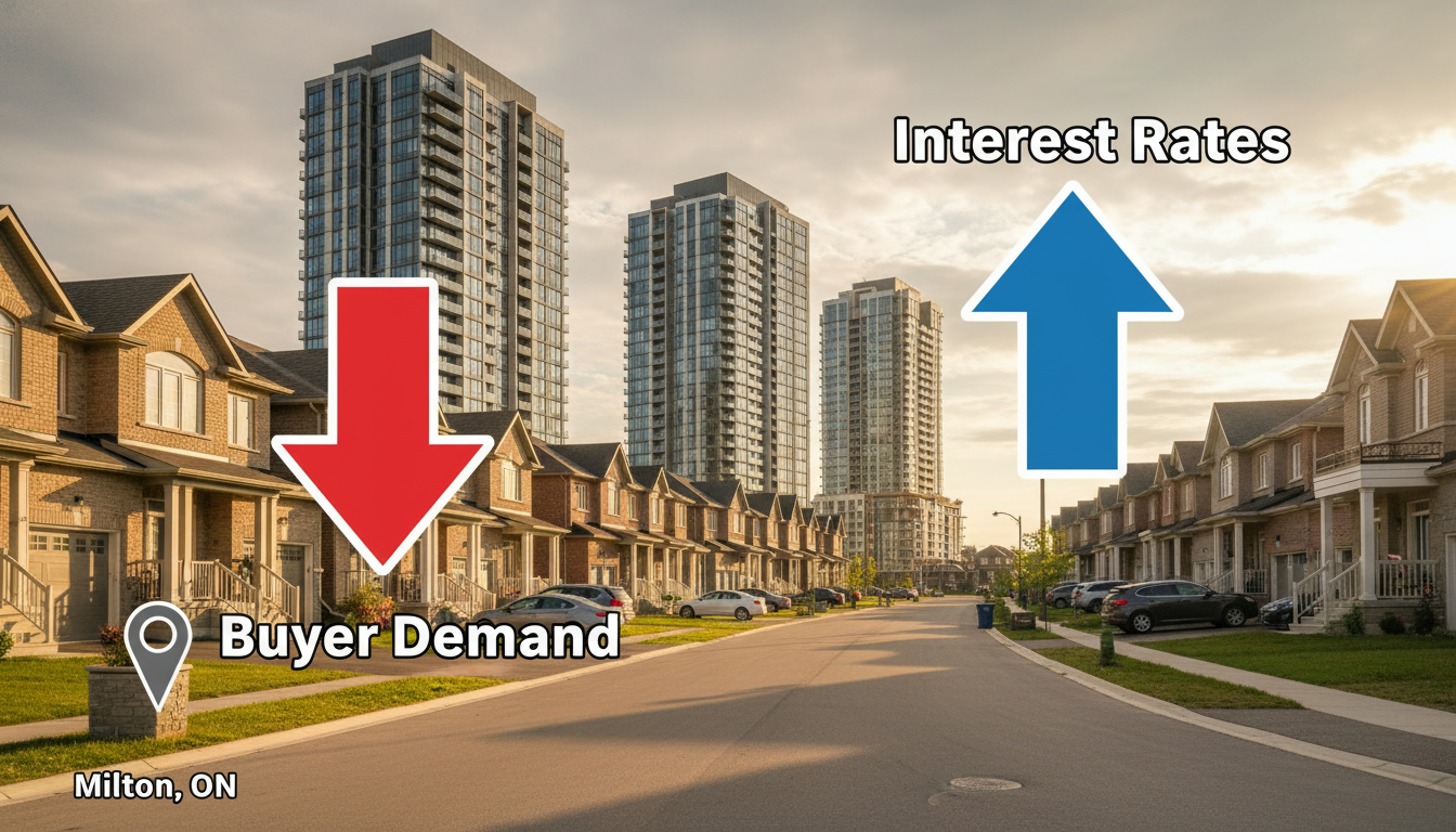 Milton Ontario homes with graphic arrows showing rising interest rates and falling buyer demand