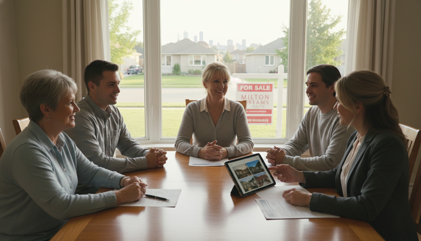Family and realtor meeting in a Milton, Ontario home discussing sale documents with a For Sale sign visible outside