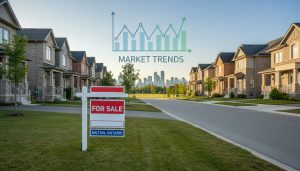 Suburban Milton homes with for sale sign and market chart overlay