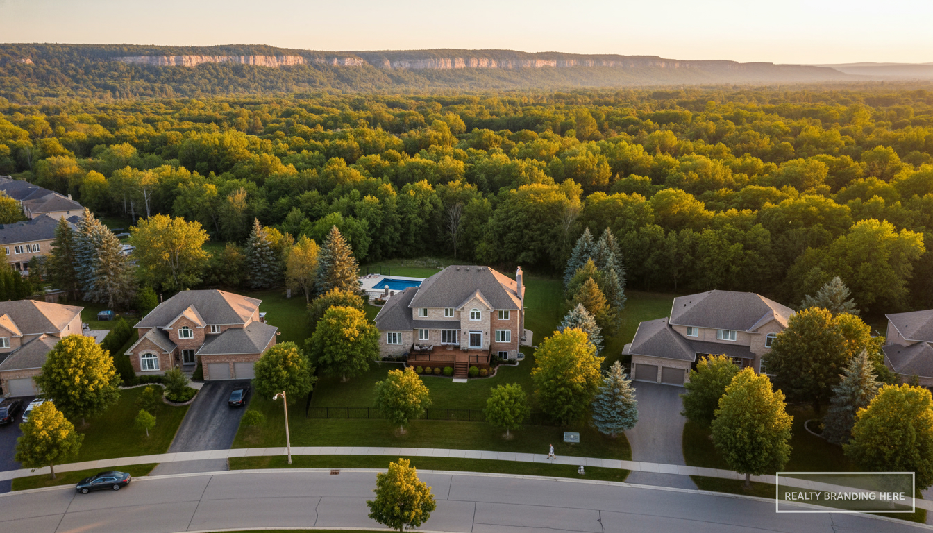 Aerial drone photo of a suburban Milton, Ontario home near conservation areas showing the house, yard and neighborhood from above at golden hour.