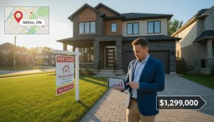 Milton Ontario house for sale with real estate agent reviewing comparative market analysis on a tablet