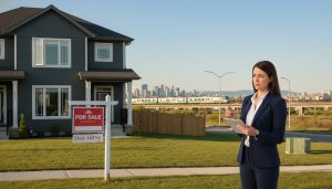 House in Milton with a faded "For Sale" sign labeled 'Stale Listing' and a realtor reviewing market data on a tablet.