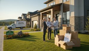 Buyer and seller exchanging keys on a front porch in Milton with moving boxes and a calendar showing a circled possession date