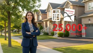 Real estate professional in front of Milton, Ontario homes with infographic showing mortgage penalty numbers