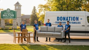 Volunteers loading donated sofa into a donation van in a Milton, Ontario neighborhood